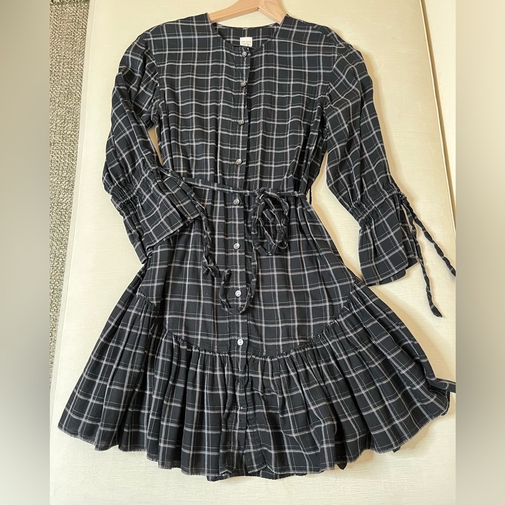 Rebecca Taylor Black Plaid Dress Button Front Tie Waist Dark Academia Modern